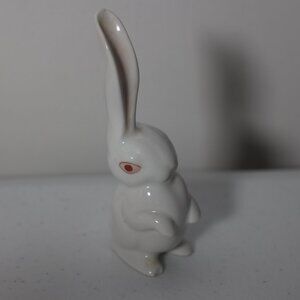 Herend Porcelain Bunny One Ear Up White Figurine Hand painted Red Eyes Hungary